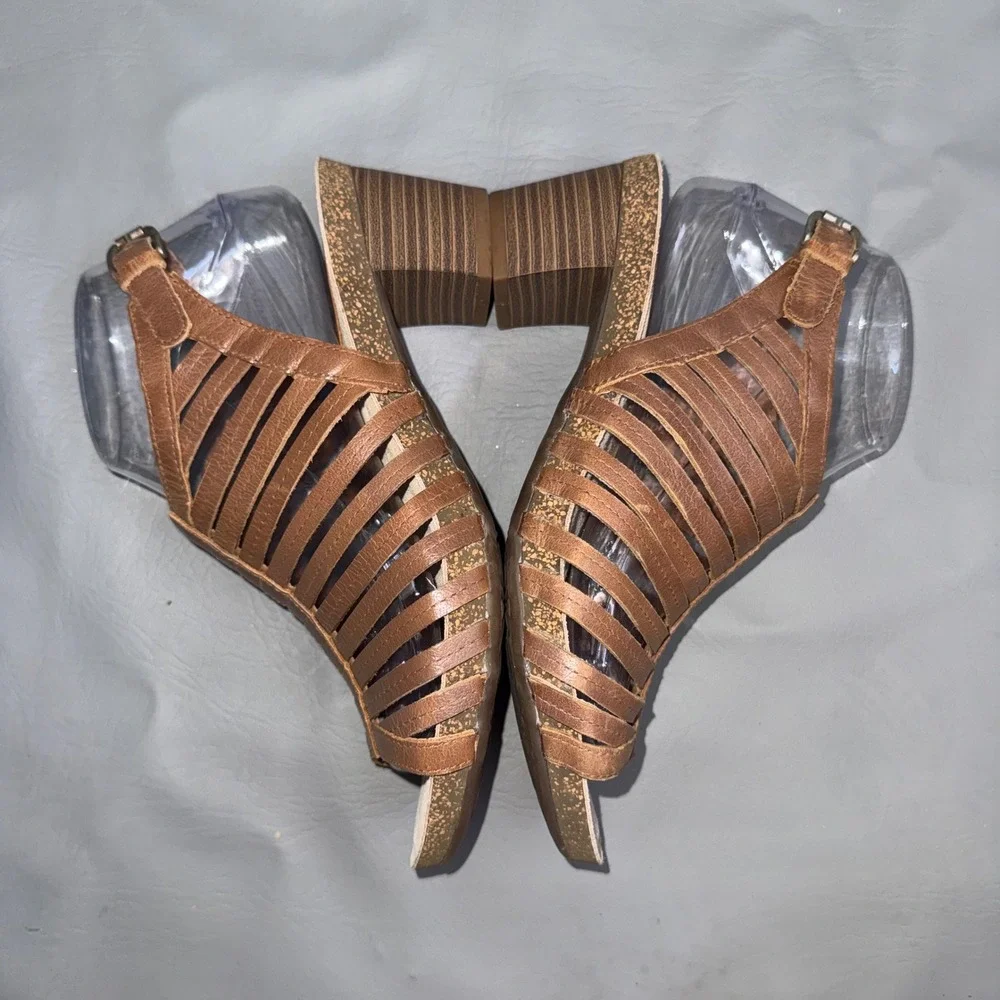 Josef Seibel Womens Brown Leather Strappy Block Heel‎ Cage Sandals Size 39 EU